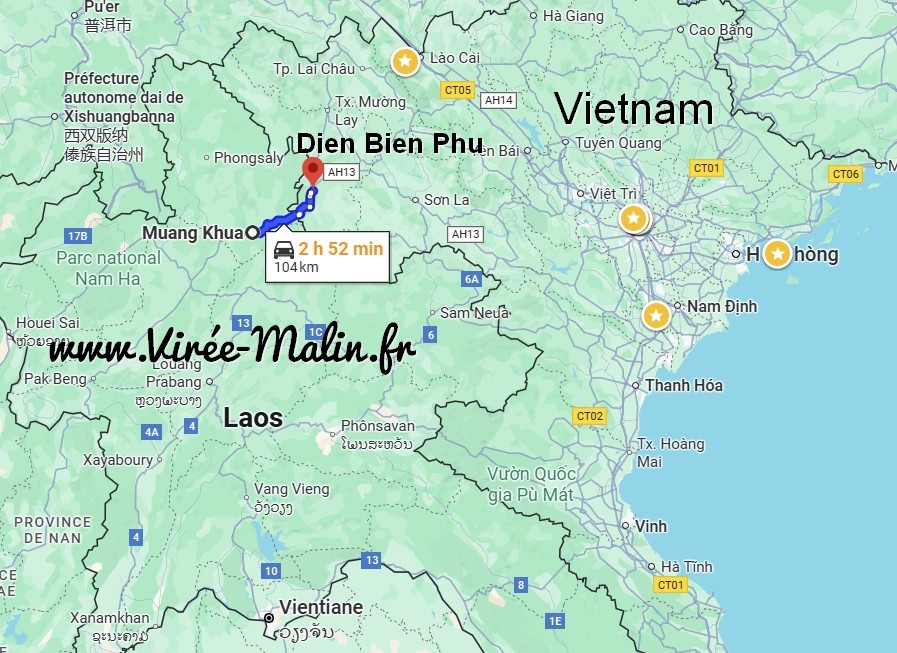 Carte-itineraire-rejoindre-Vietnam-Dien-Bien-Phu-depuis-Muang-Khua-Laos