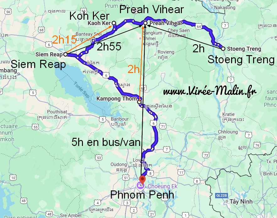 Carte-comment-rejoindre-Koh-Ker-au-Cambodge-Siem-Reap-Phnom-Penh